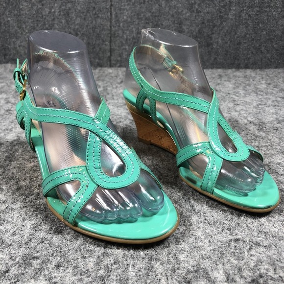 Sofft Sandals Womens Size 7 M Green Patent Leather Wedge Slingback Comfort Shoes - Picture 1 of 16